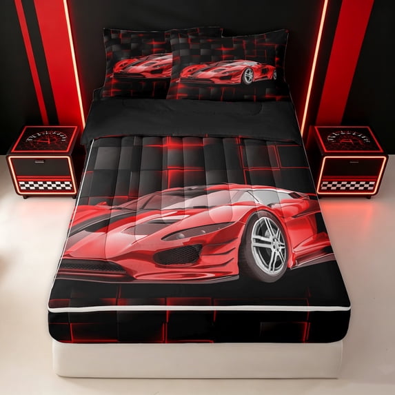Erosebridal Sports Super Car Zipper Full Size Comforter Sets with Fitted Sheet and 2 Pillowcases for Boys Men, 3D Cube Texture Print Zipper Bedding Set, Red Black, Black Reversible, 4pcs