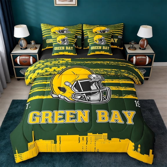 Erosebridal Sports Theme Bedding Queen Size,American Football Comforter Sets with Sheets,Green Bay Bedding Sets Queen Size For Kids Boys,Microfiber Bedroom Decorative Reversible,7pcs