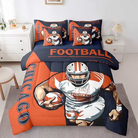 Erosebridal Sports Theme Bedding Sets Twin Size,Orange Black American Football Rugby Comforter Sets with Sheets,Chicago Bed in a Bag Twin Size For Boys Kids,Ultra Soft Room Decor Reversible,7-Piece