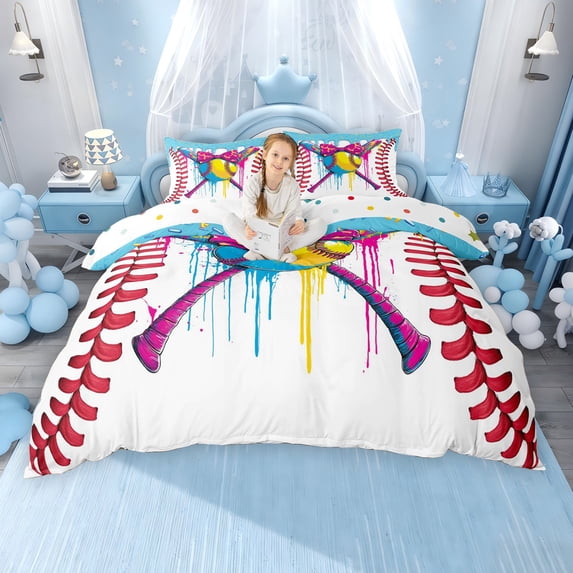 Erosebridal Sports Theme Queen Duvet Cover Set, Kids Baseball Bedding, Colorful Polka Dots Reversible, 1 Duvet Cover and 2 Pillowcases (No Comforter)