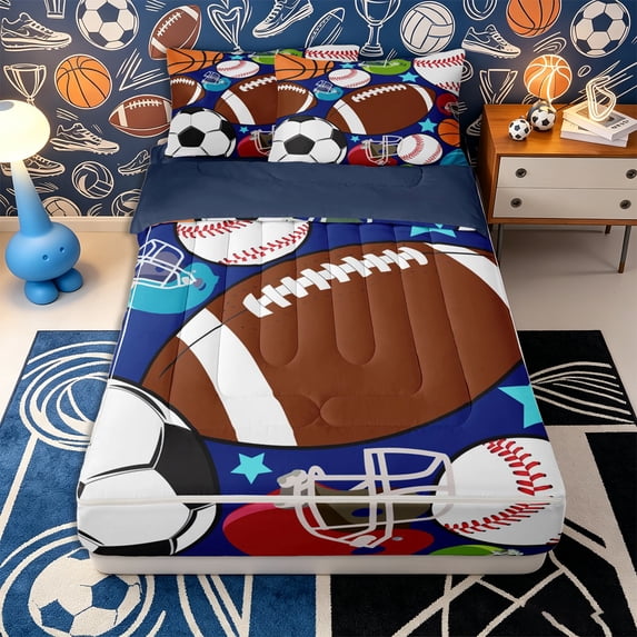 Erosebridal Sporty Game Ball Zipper Full Size Comforter Sets with Fitted Sheet and 2 Pillowcases,Star Accent Print Zipper Bedding Set,Royal Blue Brown Orange,Navy Blue Reversible
