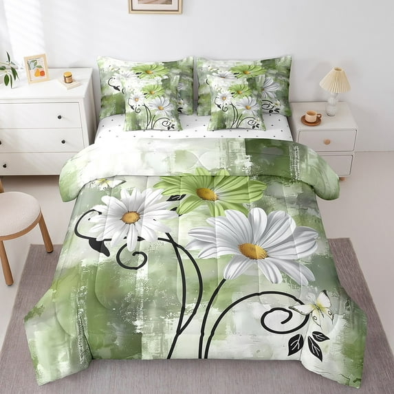Erosebridal Spring Daisy Bedding Sets Queen Size,Green Gradient Graffiti Comforter Sets with Sheets,Oil Painting Bed in a Bag Queen Size,Super Cozy Room Decoration Reversible,7 Pieces