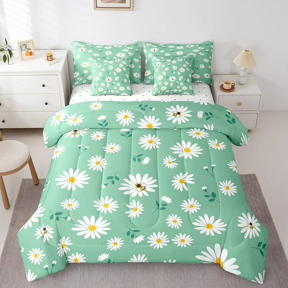 Erosebridal Spring Daisy Flower Bedding Sets Full Size, Garden Floral Comforter Sets with Sheets, Green White Home Decor Breathable 7pcs
