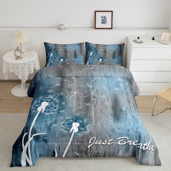 Erosebridal Spring Dandelion Flower Comforter Sets King Size, Gray Blue Gradient Comforters & Duvets, Super Cozy Bedding King Comforter Set Bedroom Decor, 3-Piece