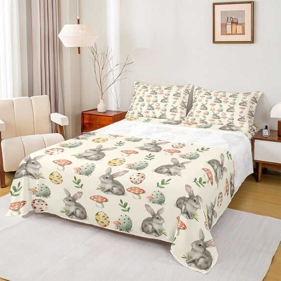 Erosebridal Spring Easter Kid Queen Sheet Sets, Mushroom Eggs Rabbit Bed Set, 4-Piece