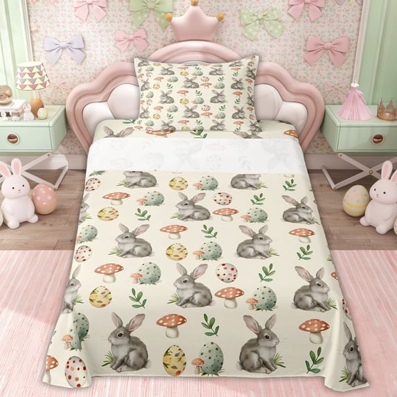 Erosebridal Spring Easter Kid Twin Sheet Sets, Mushroom Eggs Rabbit Bedding, 3-Piece