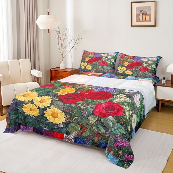 Erosebridal Spring Flower Floral Bed Sheets, Retro Artwork King Sheets, 4 Pieces