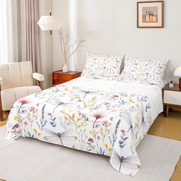Erosebridal Spring Garden Flower Full Size Sheets, Girls Floral Dragonfly Bed Sheets, 1 Flat Sheet, 1 Fitted Sheet and 2 Pillowcases