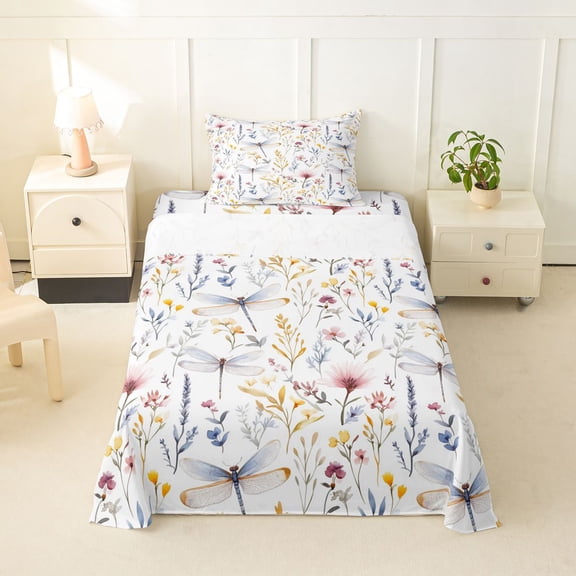 Erosebridal Spring Garden Flower Twin Sheet Sets, Girls Floral Dragonfly Bedding, 1 Flat Sheet, 1 Fitted Sheet and 1 Pillowcase
