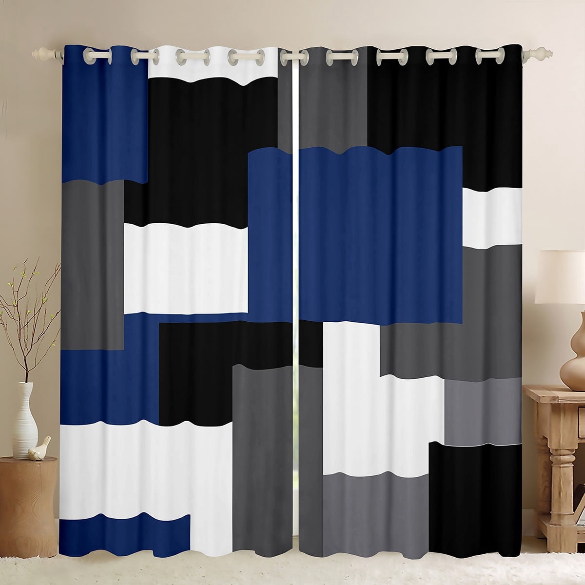 Erosebridal Sqare Plaid Curtains for Living Room,Grey Blue Blackout Curtains Set of 2 (38x45),Geometric Rectangle Curtains and Drapes (38x45),Abstract Bedroom Decoration