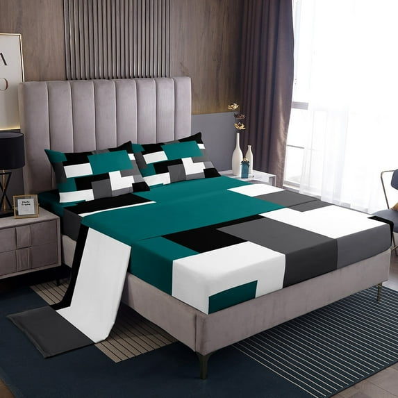 Erosebridal Sqare Plaid Sheet Set Twin,Grey Teal Bedding Sets Twin Size,Geometric Rectangle Twin Sheet Sets,Breathable Abstract Bedroom Decoration,3pcs
