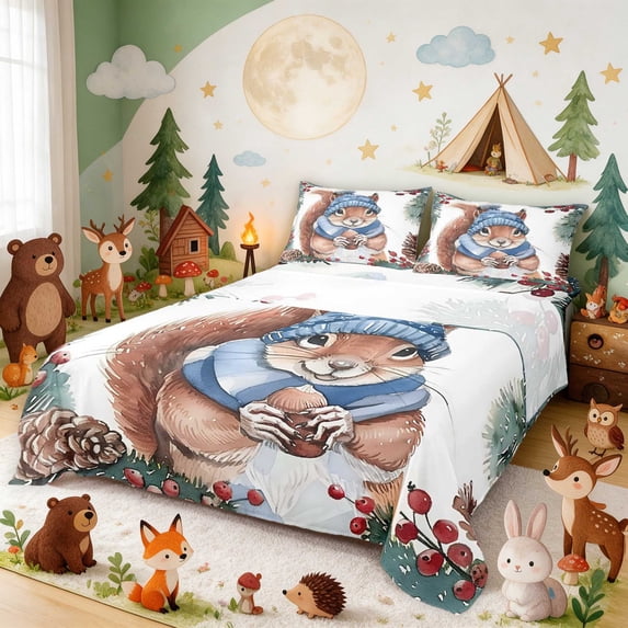 Erosebridal Squirrel Queen Sheets for Boys Girls, Cozy Winter Queen Sheet Sets, 4-Piece 1 Flat Sheet 1 Fitted Sheet and 2 Pillowcases