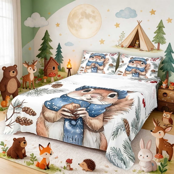 Erosebridal Squirrel Queen Sheets for Boys Girls, Winter Acorn Queen Sheet Sets, 4pcs 1 Flat Sheet 1 Fitted Sheet and 2 Pillowcases