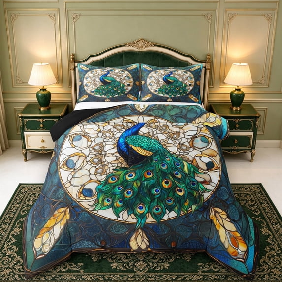 Erosebridal Stained Glass Peacock Full Size Comforter Sets,Colorful Feather Motif Bedding Comforter Set,3pcs,1 Comforter and 2 Pillowcases,Black Reversible