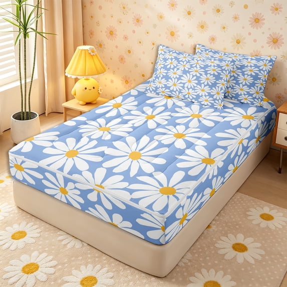 Erosebridal Star Dot Daisy Print Zipper Full Size Comforter Sets with Fitted Sheet and 2 Pillowcases,Big Floral Multicolor Star Light Blue Accent Zipper Bedding Set,Sky White,4pcs,Reversible