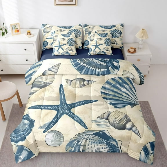 Erosebridal Starfish Conch Bedding Queen Size,Sealife Seashell Bedding Sets Queen Size,Marine Theme Decor,Reversible,Lightweight,7pcs