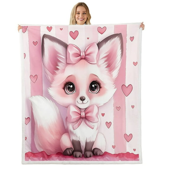 Erosebridal Kawaii Fox Fleece Blanket 40x50,Love Heart Bow Sherpa Throw,Ultra Soft Sherpa Blanket,Lines Decor
