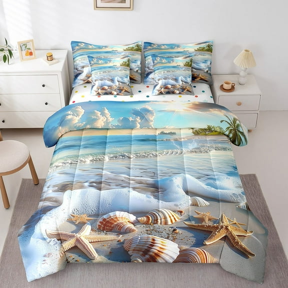 Erosebridal Starfish Seashell Bed in a Bag Twin size, Romantic Beach Bed Set, Sea Waves Reversible Bedding Twin Size, Breathable Bedroom Decorative, 7pcs