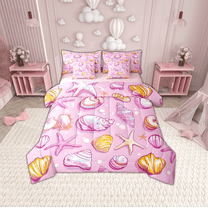 Erosebridal Starfish Seashell Bedding Sets Twin Size,Pink Golden Comforter Sets with Sheets,Breathable Reversible Bed in a Bag Twin size,Marine Room Decorative,7pcs