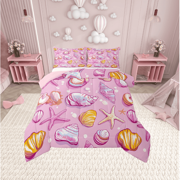 Erosebridal Starfish Seashell Bedding Twin Comforter Set,Pink Golden Down Comforter,Breathable Reversible Bedding Sets Twin with Comforter,Marine Room Decorative