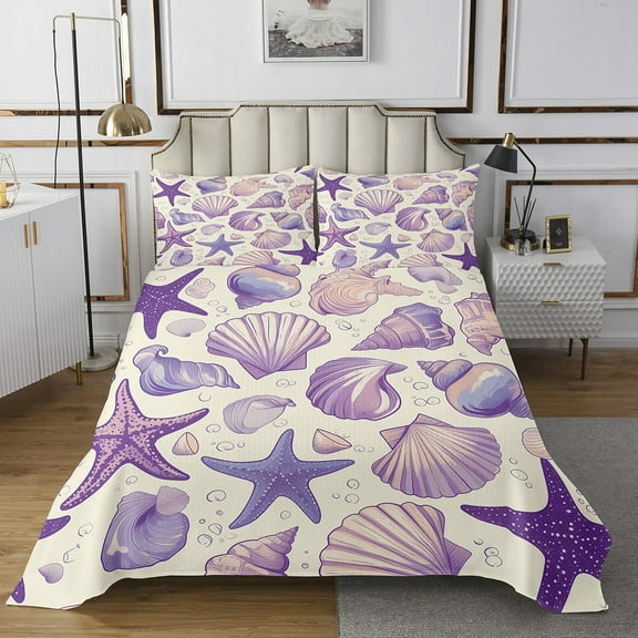 Erosebridal Starfish Seashell Bedspread Set Queen,Purple Coastal Animal Bedding Sets,Sea Shell Conch Coverlet Set,Ocean Sea Life Quilt Set Summer Themed Bedroom Decor 3Pcs with 2 Pillow Cases