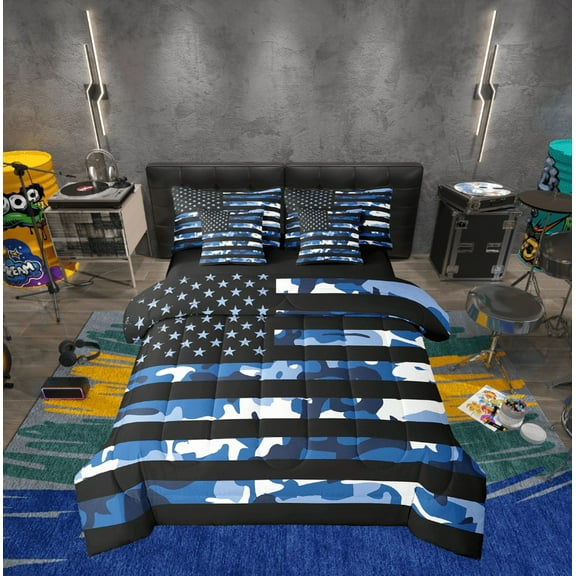 Erosebridal Stars Stripes Flag Bed in a Bag Twin size, Blue Camo Bed Set, Camouflage Hunting Decor, Reversible