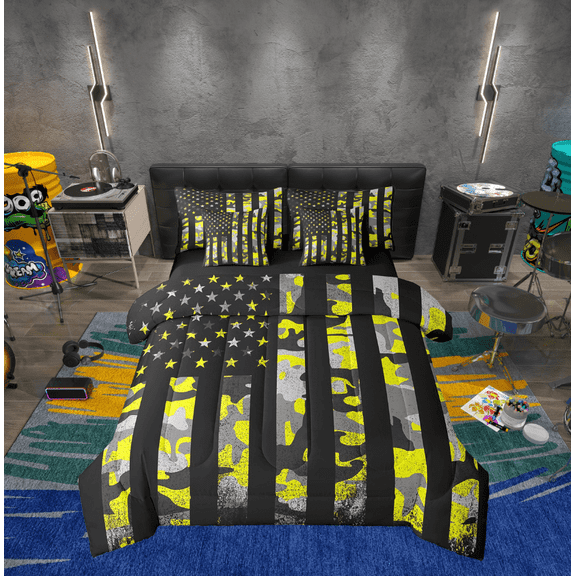 Erosebridal Stars Stripes Flag Bed in a Bag Twin size, Yellow Camo Bed Set, Camouflage Theme Decor, Reversible