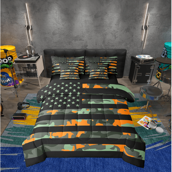Erosebridal Stars Stripes Flag Bedding Sets Queen Size, Orange Camo Comforter Sets with Sheets, Camouflage Hunting Decor, Reversible