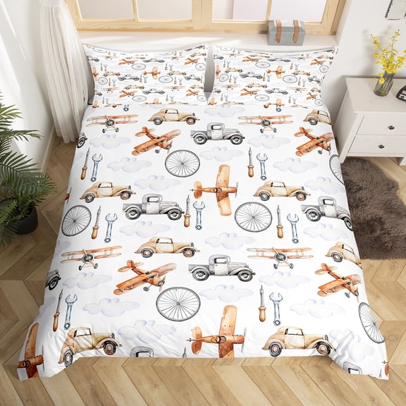 Erosebridal Steam Engine Comforter Cover Twin, Vintage Plane Bedding Twin Size, Cartoon Aircraft Decor, 2pcs