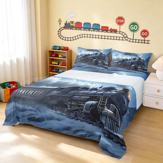 Erosebridal Steam Train King Sheets, Mountain Bedding, Mountain Steam 4pcs (1 Flat Sheet, 1 Fitted Sheet and 2 Pillowcases)