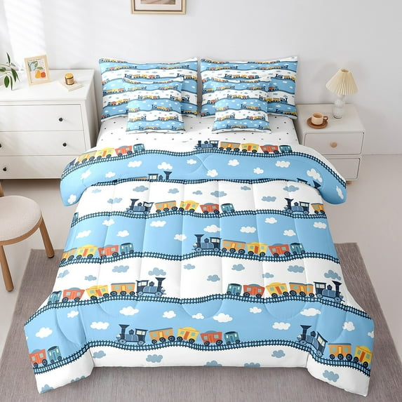 Erosebridal Steam Train Print Bedding Twin Size, Sky Blue Bedding Sets Twin Size, Kawaii Cloud Decor, Reversible 7 Pieces