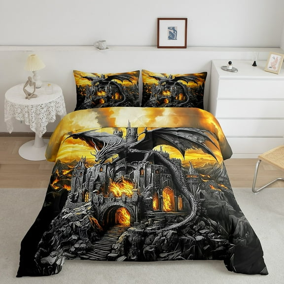 Erosebridal Stone Dragon Comforter Sets Full Size, Gothic Castle Comforters & Duvets, Western Animal Decor, Lightweight 3-Piece