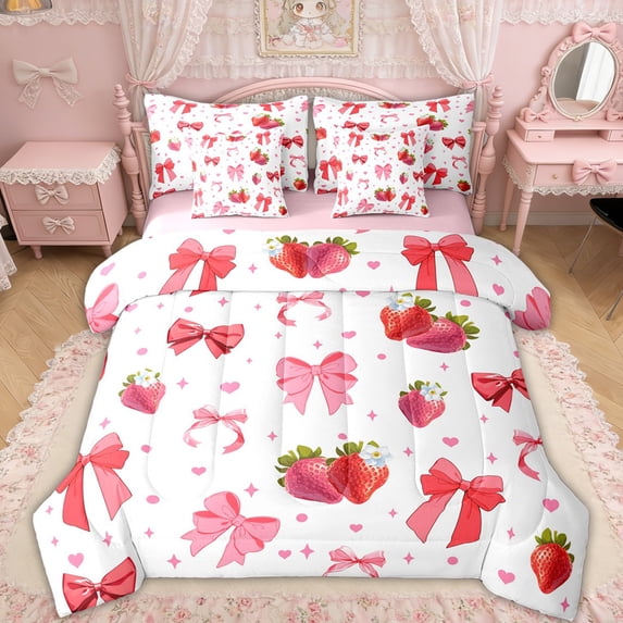 Erosebridal Strawberry Bow Bedding Comforter Set for Girls, Cute Pink Strawberry Ribbon Queen Bedding Sets, Pink Reversible, 7-Piece