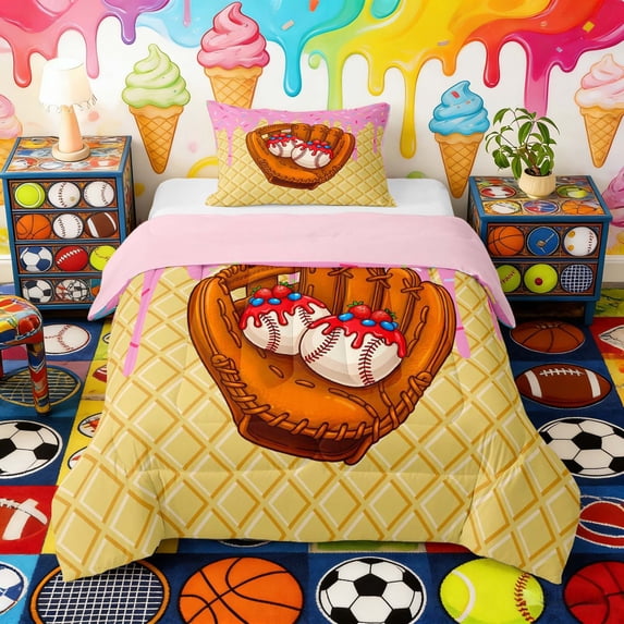 Erosebridal Strawberry Drizzle Baseball Glove Print Twin Comforter Sets, Sweet Sports Bedding Set for Kids Boys and Girls, Pink Reversible 2 Pieces, 1 Comforter and 1 Pillowcase