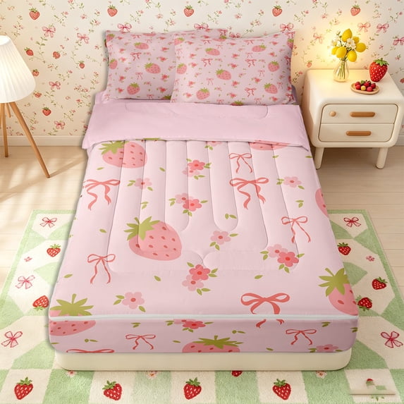 Erosebridal Strawberry Pattern Zipper Full Size Comforter Sets with Fitted Sheet and 2 Pillowcases,Tiny Floral Print Zipper Bedding Set,Light Pink Red,Pink Reversible