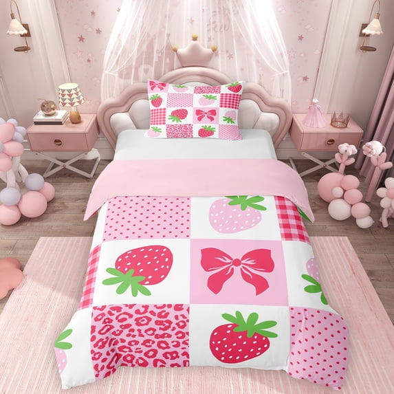 Erosebridal Strawberry Plaid Twin Bedding, Bow Buffalo Duvet Cover Set, Pink Reversible, 1 Duvet Cover and 1 Pillowcase (No Comforter)