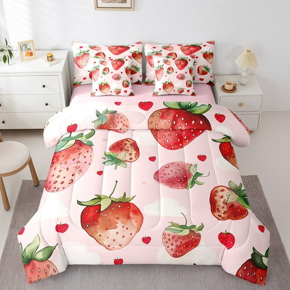 Erosebridal Strawberry Print Bedding Sets Twin Size, Pink Fruit Comforter Sets with Sheets, Girly Room Decor, Reversible 7pcs