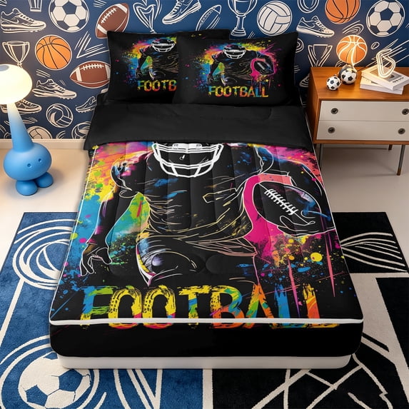 Erosebridal Street Art Football Player Pattern Zipper Twin Comforter Sets with Fitted Sheet and 2 Pillowcases,Drip Paint Print Zipper Bedding Set,Black Pink Blue Yellow,Black Reversible