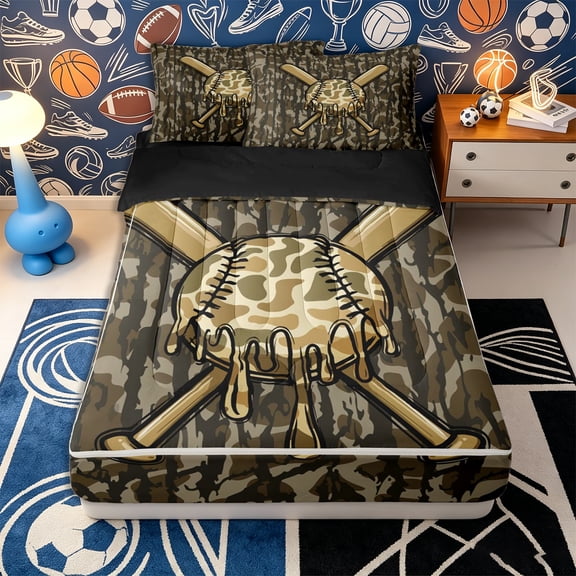 Erosebridal Street Drip Camo Baseball Pattern Zipper Twin Comforter Sets with Fitted Sheet and 2 Pillowcases,Cross Bat Print Zipper Bedding Set,Khaki Olive Brown,Black Reversible