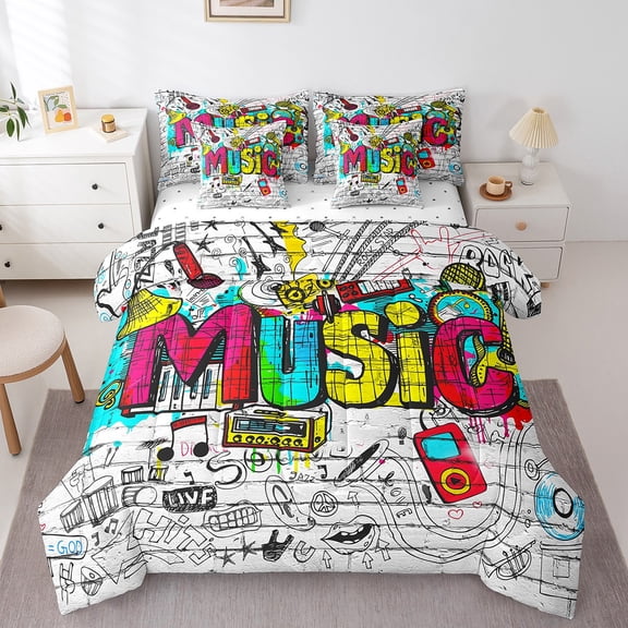 Erosebridal Street Graffiti Bed in a Bag Full size, Hip Hop Music Bed Set, Rock and Roll Bedding Full Size, Lightweight Room Decor, 7pcs