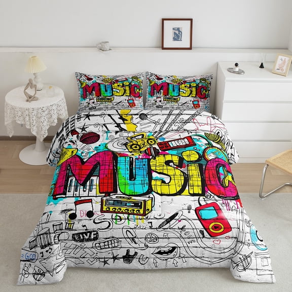 Erosebridal Street Graffiti Bedding Sets King with Comforter, Hip Hop Music Comforter Sets King Size, Rock and Roll Down Comforter, Lightweight Room Decor, 3pcs