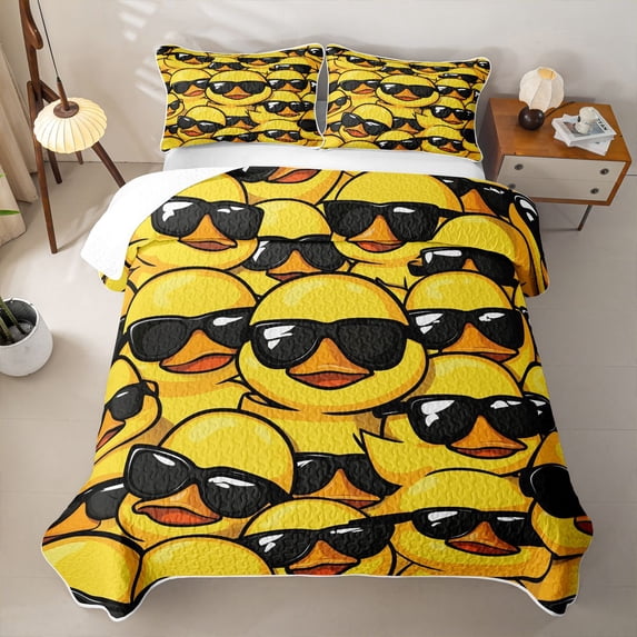 Erosebridal Street Yellow Duck Quilt King for Boys Girls, Kawaii Cartoon Animal King Coverlet Set, 3 Pieces