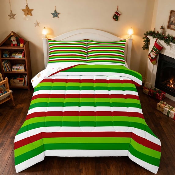 Manfei Stripe King Size Comforter Sets Holiday Comforters King Size, Yellow Red 3-Pieces 1 Comforter and 2 Pillowcases, Xmas Reversible