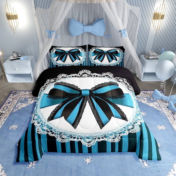 Erosebridal Striped Bowknot Bedding Twin Comforter Set, Blue Black Down Comforter, Lace Bow Room Decor, Ultra Soft 2 Pieces