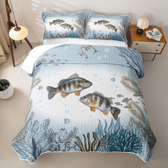Erosebridal Striped Fish Bed Spread Queen,Bass Coral Underwater Queen Coverlet Set For Boys,3pcs