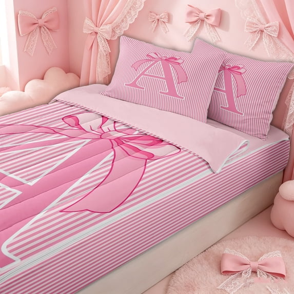Erosebridal Striped Letter A Zipper Twin Comforter Sets with Fitted Sheet and 2 Pillowcases for Women Girls, Fashion Stripe Ribbon Zipper Bedding Set, Pink Reversible, 4 Pieces