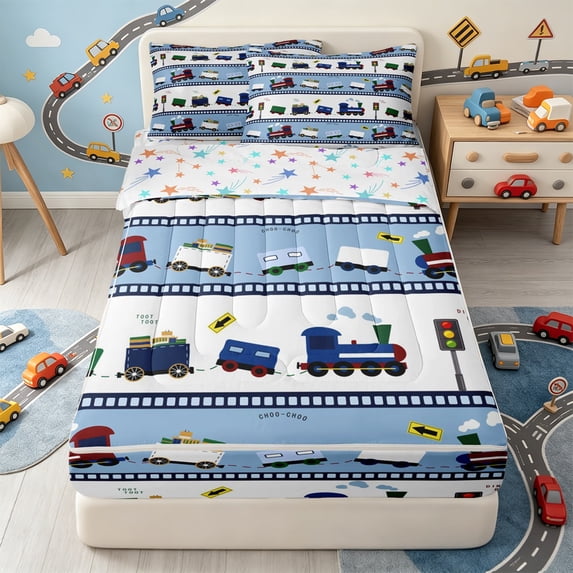 Erosebridal Striped Train Print Zipper Queen Comforter Set with Fitted Sheet and 2 Pillowcases,Vintage Railway Zipper Bedding Set For Boys,Colorful Stars Reversible,4pcs