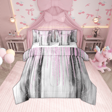 Erosebridal Stripes Lines Bedding Sets Twin Size,Gradient Watercolor Comforter Sets with Sheets,Bling Glitter Bed in a Bag Twin size,Lightweight Geometric Room Decorative,Reversible,7-Piece