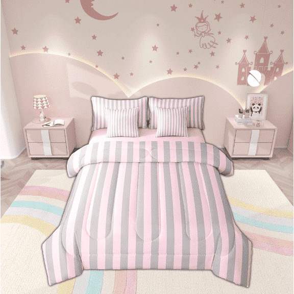 Erosebridal Stripes Ombre Bedding Sets Twin Size, Abstract Comforter Sets with Sheets, Modern Geometric Reversible Bedding Twin Size, Super Cozy Room Decorative, 7-Piece