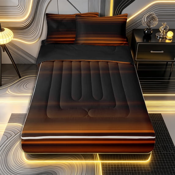Erosebridal Stylish Ombre Zipper Full Size Comforter Sets with Fitted Sheet and 2 Pillowcases,Dim Streak Zipper Bedding Set,Amber Ebony Gray,Black Reversible